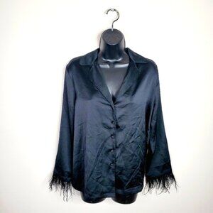 La Vie En Rose Glam Retro Old Hollywood Satin Feather Whimsigoth Pajama Shirt S